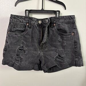 Distressed Black Denim Shorts